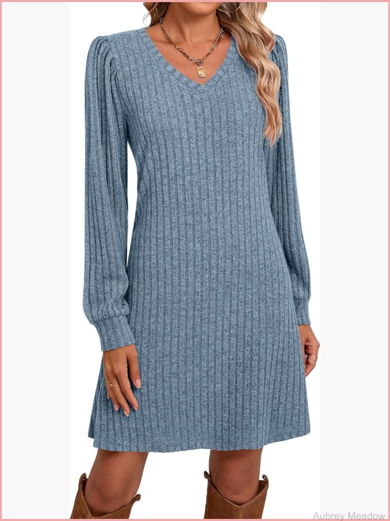 Women's V-Neck Long Sleeve Sweater Dress Above Knee Tunic